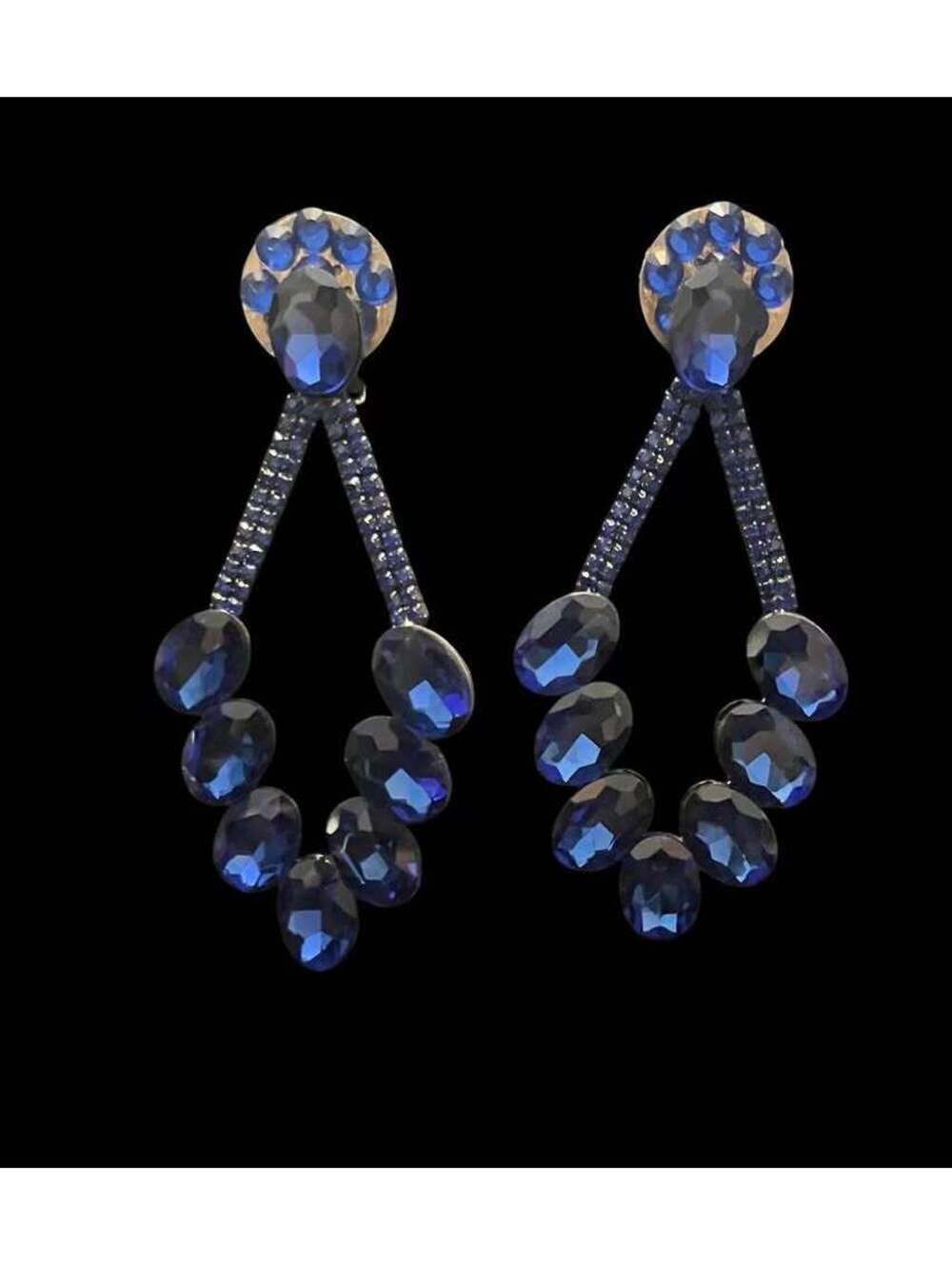 Blue Rhinestone Dangle Clip On Earrings